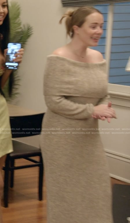 Whitney's off shoulder knit dress on The Secret Lives of Mormon Wives