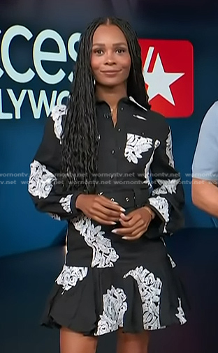 Zuri's black embroidered belted shirtdress on Access Hollywood