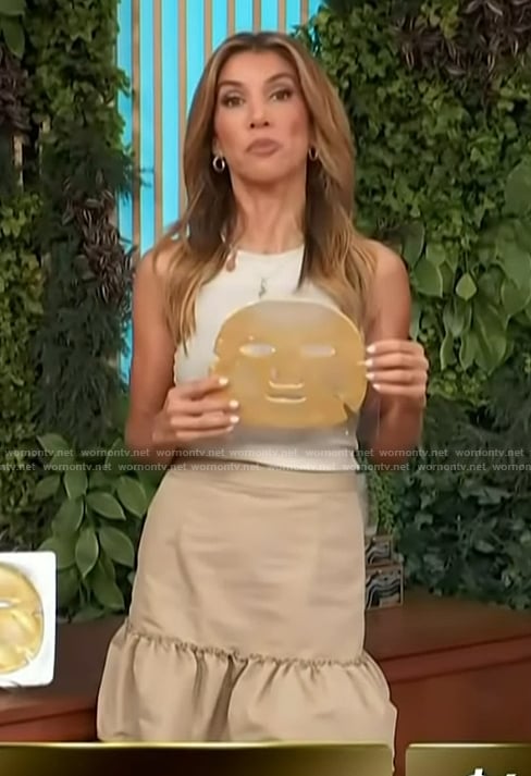Adrianna Costa's beige ruffle hem skirt on Access Hollywood