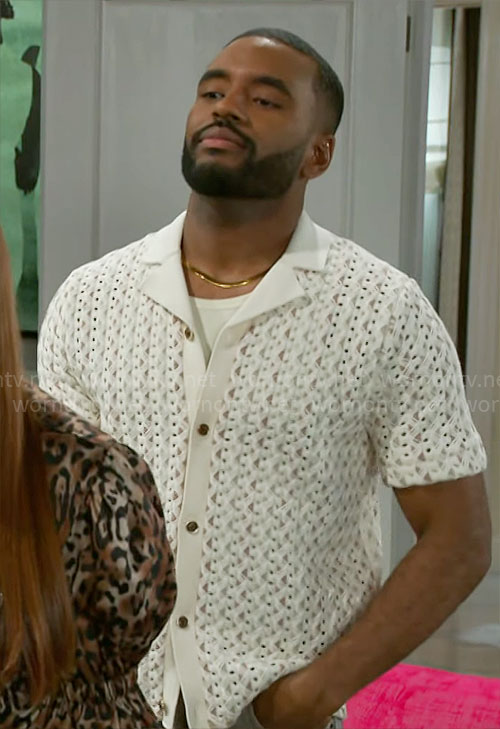 Andre's white knit button down shirt on Beyond the Gates