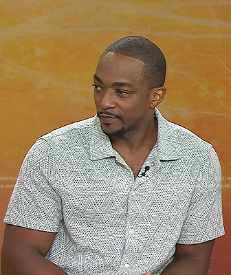 Anthony Mackie's sage green geo knit shirt on Today