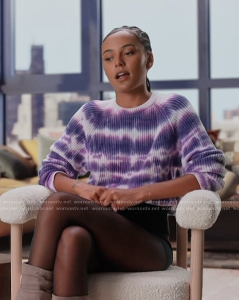 Ava's purple tie dye confessional sweater on Next Gen NYC
