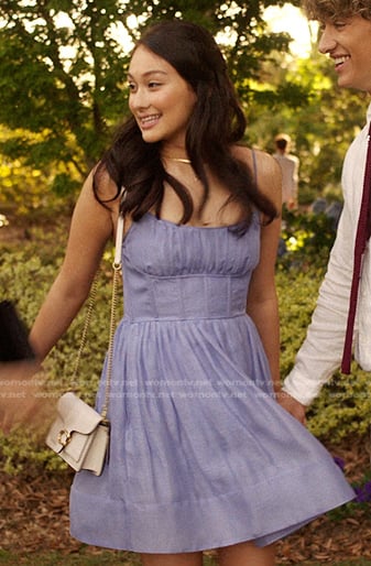 Belly's blue mini dress and crossbody bag on The Summer I Turned Pretty