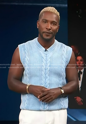 Scott's blue cable knit vest on Access Hollywood