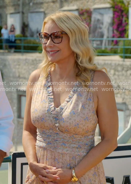 Brooke's beige v-neck ruffle-trim dress in Italy on The Bold and the Beautiful