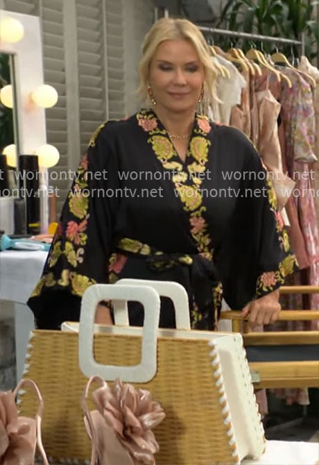 Brooke's black floral-trim robe on The Bold and the Beautiful