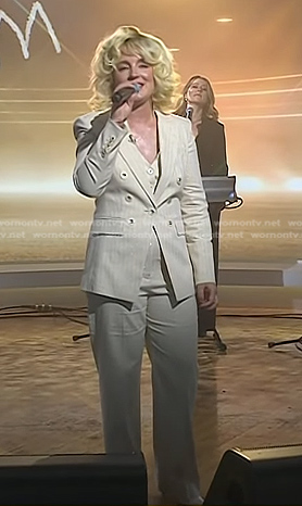 Cam's beige metallic pinstripe blazer and pants on Today