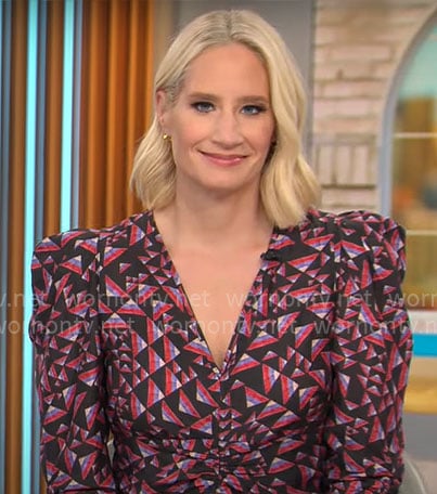 Caroline Polisi's geometric print ruched dress on CBS Mornings