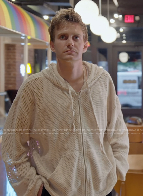 Charlie's white crochet knit hoodie on Next Gen NYC