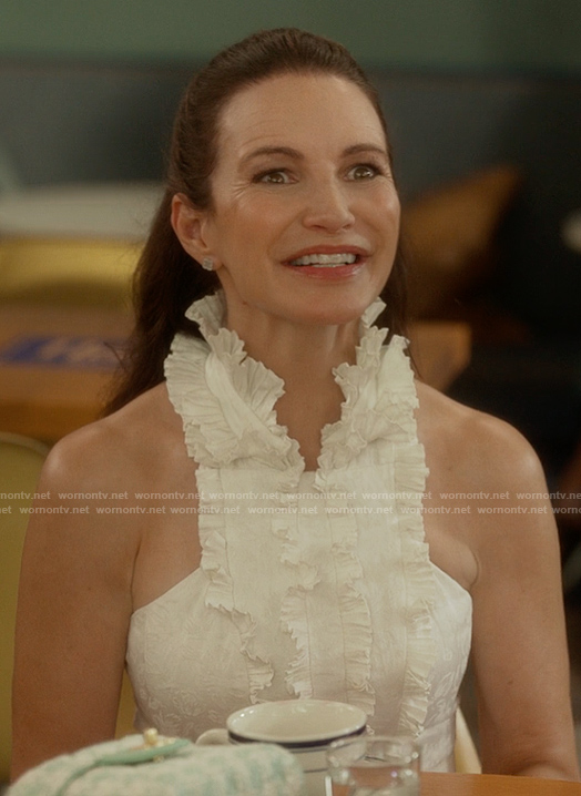 Charlotte's white ruffle front dress on And Just Like That