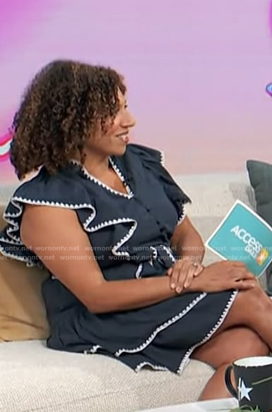 Damona Hoffman's navy ruffle dress on Access Hollywood