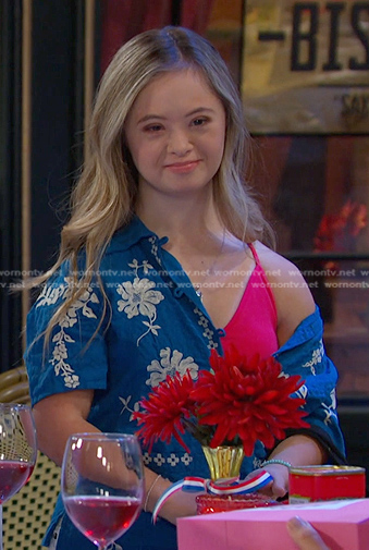Felicity's blue floral embroidered shirt on Days of our Lives
