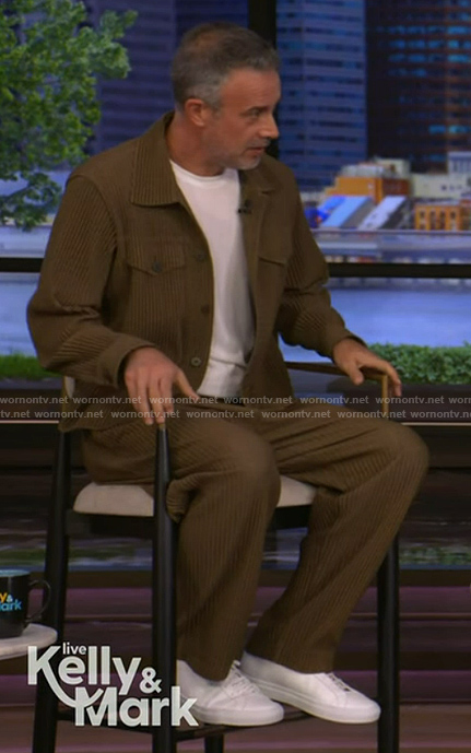 Freddie Prinze's khaki corduroy jacket and pants on Live with Kelly and Mark