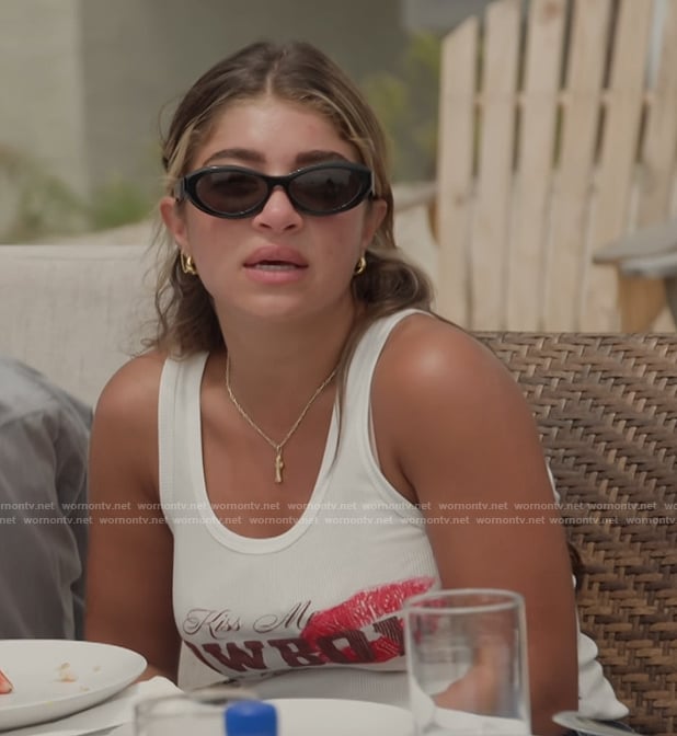 Gia's white printed tank and sunglasses on Next Gen NYC
