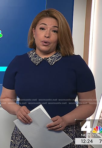 Gilma Avalos's blue print collared dress on NBC News Daily