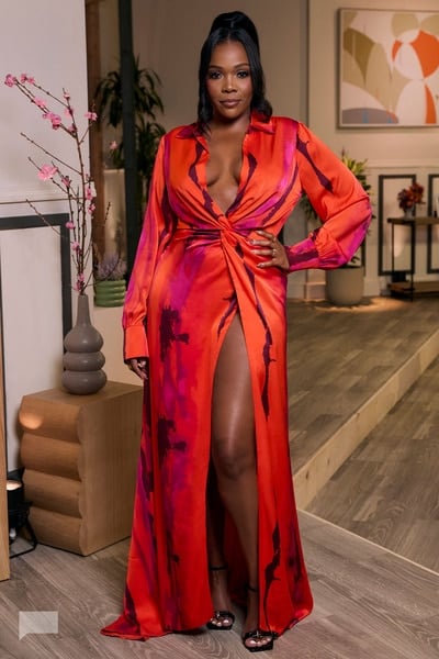 Jasmine's red printed reunion wrap dress on The Valley