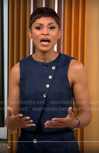 Jericka Duncan's blue asymmetric vest and pants set on CBS Mornings