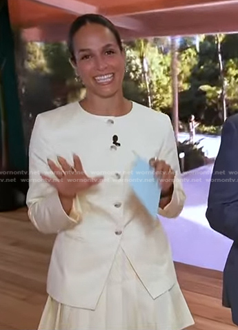Jess Sims' round neck jacket and pleated mini skirt on Good Morning America
