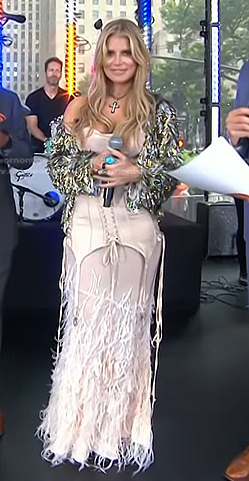 Jessica Simpson's beige feather trim corset dress on Today