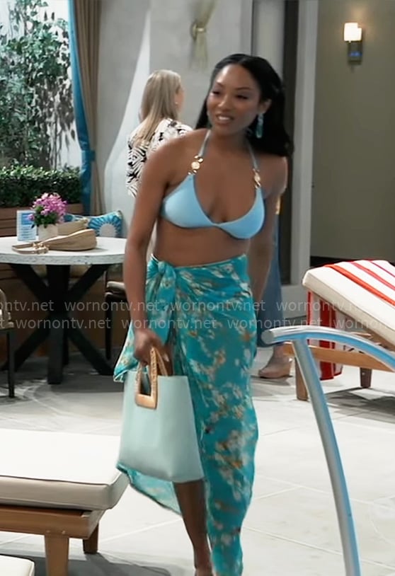 Jordan's blue bikini and floral sarong on General Hospital