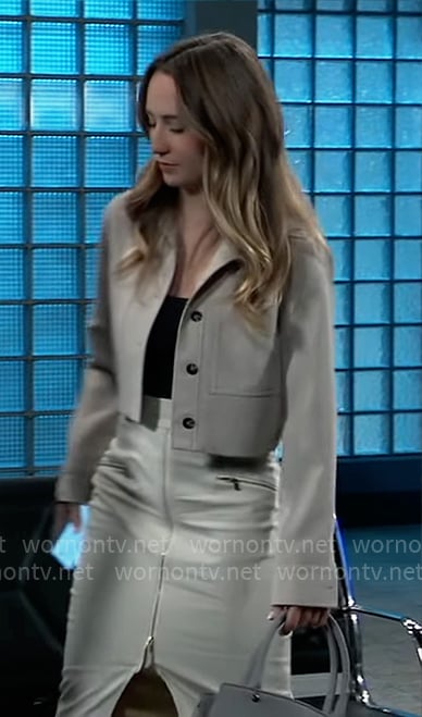 Josslyn's beige cropped jacket and zip front skirt on General Hospital