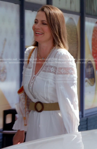 Julia's white lace inset maxi dress on The Real Housewives of Miami