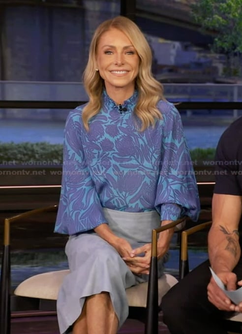 Kelly's blue floral print blouse on Live with Kelly and Mark