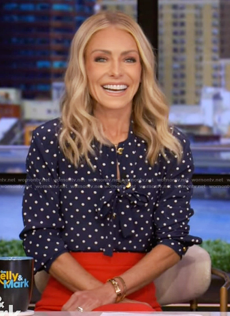 Kelly's navy polka dot print top and skirt on Live with Kelly and Mark