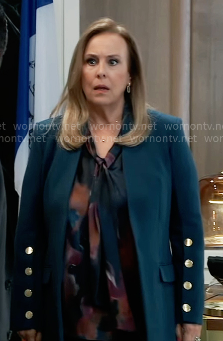 Laura's printed blouse and teal blazer on General Hospital