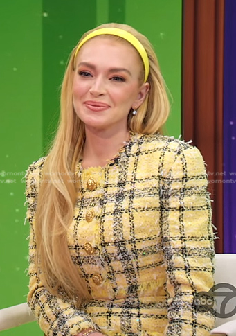 Lindsay Lohan's yellow tweed jacket and skirt on Good Morning America