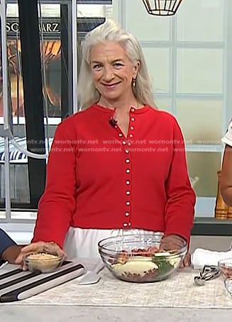 Lucinda Scala Quinn's red sweatshirt cardigan on Today