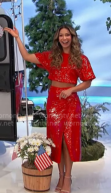 Manuela's red sequin crop top and skirt set on The Price is Right