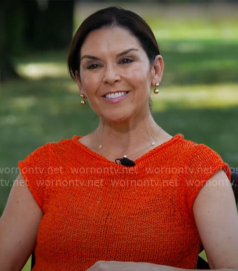 Meg Oliver's red textured knit top on CBS Mornings