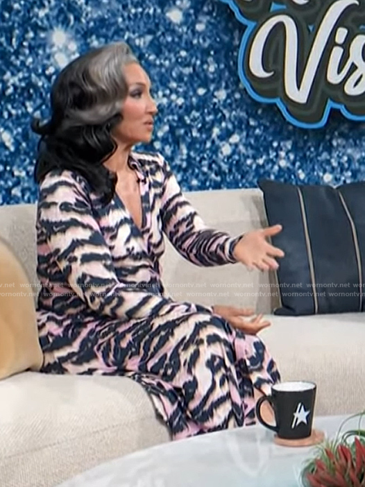 Michelle Visage's tiger stripe print wrap dress on Access Hollywood