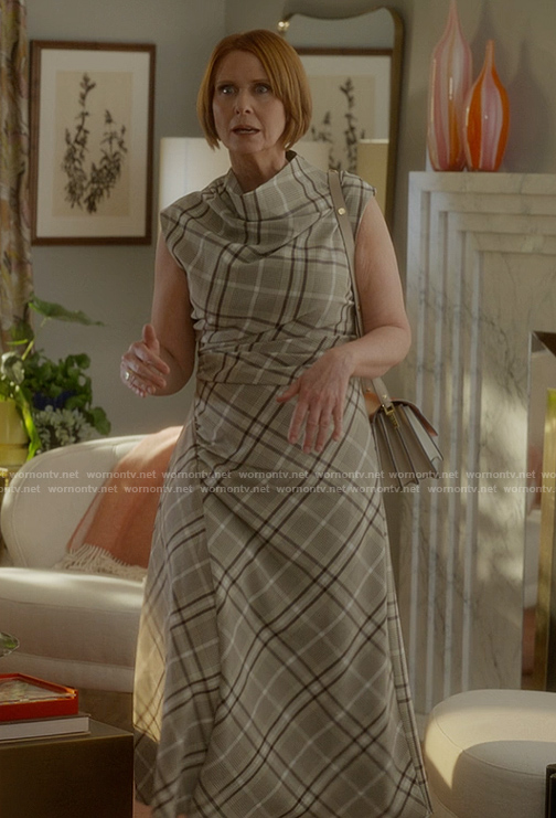 Miranda's plaid gathered dress on And Just Like That