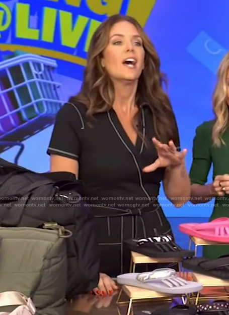 Monica Mangin's black contrast stitch jumpsuit on Live with Kelly and Mark