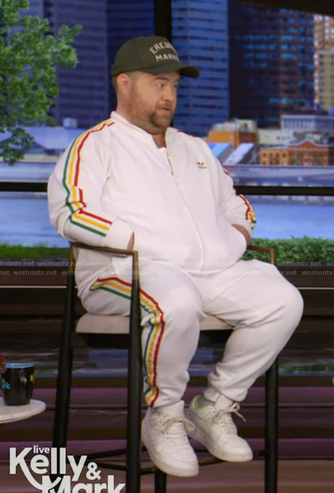 Paul Walter Hauser's white track jacket and pants on Live with Kelly and Mark