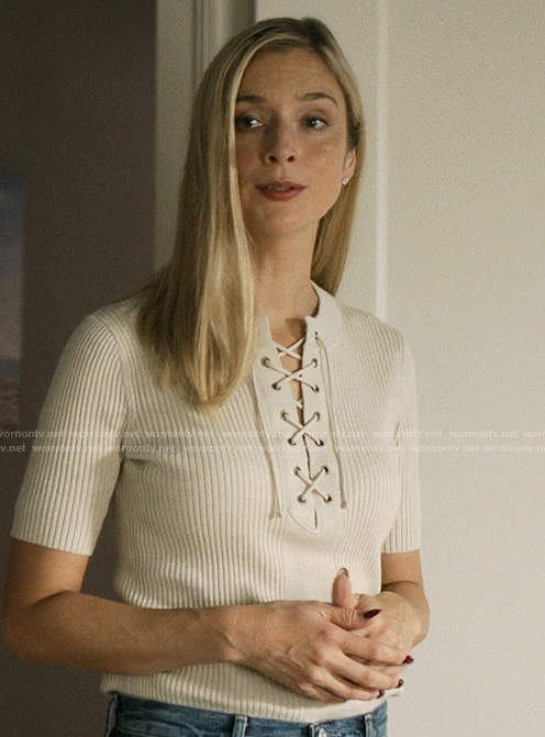 Penny's white lace-up front top on We Were Liars