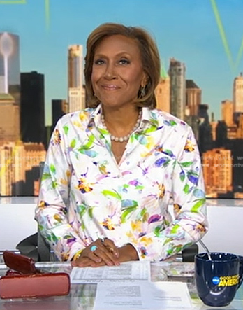 Robin's floral button front blouse on Good Morning America