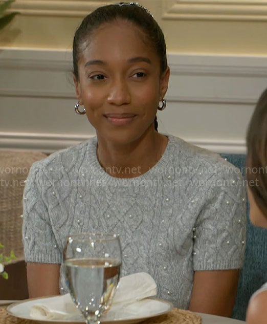 Samantha's grey pearl embellished sweater top on Beyond the Gates