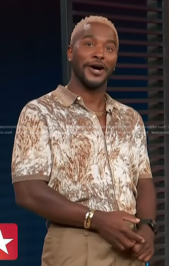 Scott's brown abstract print shirt on Access Hollywood