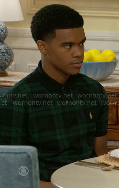 Tyrell's green plaid polo shirt on Beyond the Gates