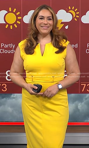 Violeta's yellow buckle waist sheath dress on NBC News Daily
