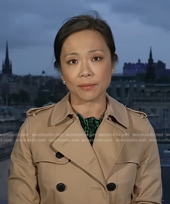 Weijia Jiang's green print dress and trenc coat on CBS Evening News