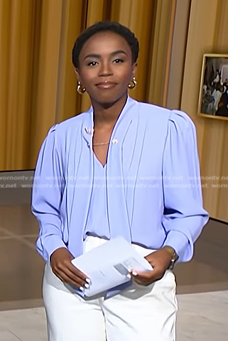 Zinhle's lavender tie neck blouse on NBC News Daily
