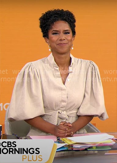 Adriana Diaz's beige puff-sleeve dress on CBS Mornings