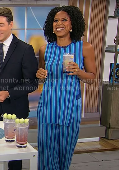 Adriana Diaz's blue striped tunic top and pants set on CBS Mornings