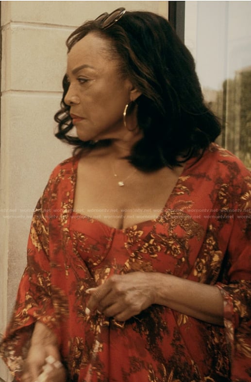 Alicia's red printed swimsuit and coverup on The Chi