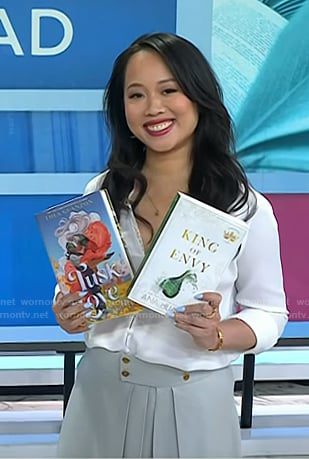 Ana Huang's white lace trim blouse on Today
