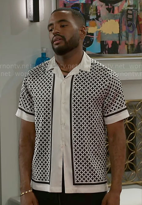 Andre's black and white geometric print shirt on Beyond the Gates